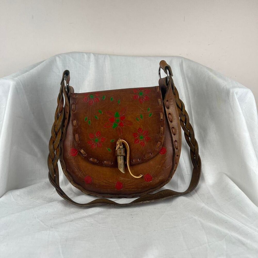 Vintage 1970’ Hippie Hand Tooled Brown Leather Floral Embroidery Bag
